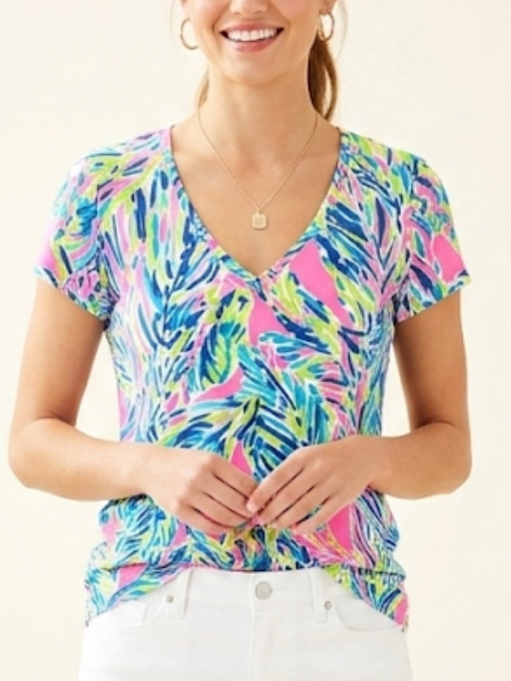 Lilly Pulitzer Michele V-Neck Top In "Palm Reader" Print